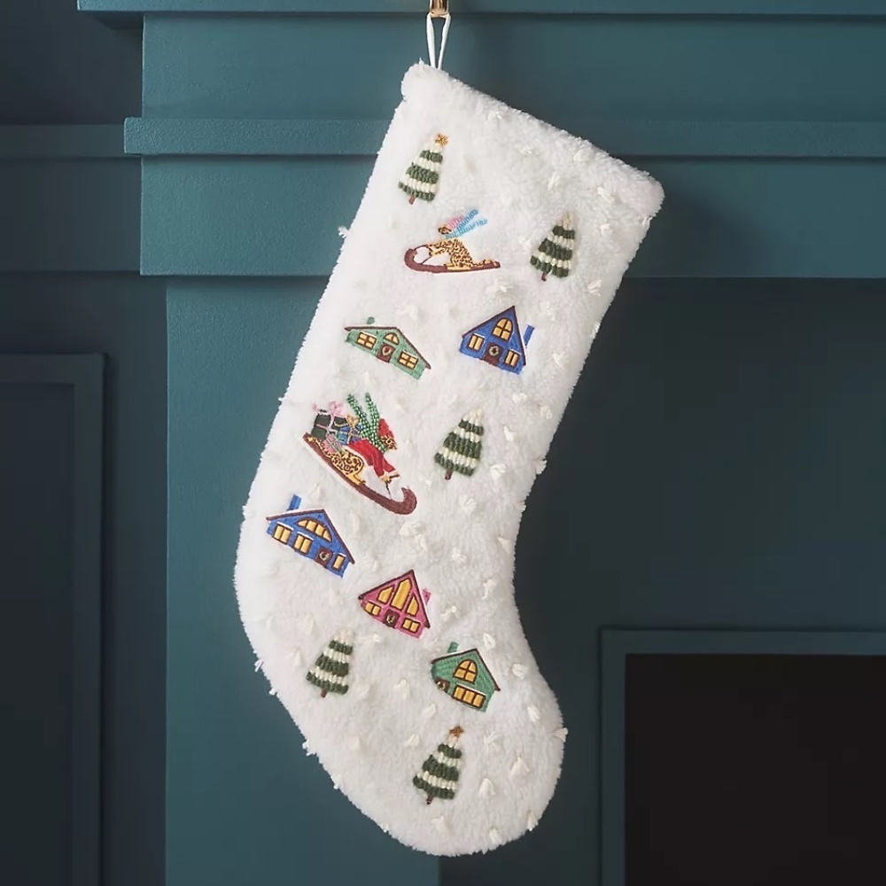 Anthropologie Whitney Embroidered Beaded Christmas Holiday Chalet Stocking New